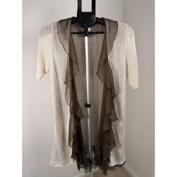 Chico's Sweaters - Chico's Open Front Mesh Cardigan Brown Ruffle Trim Linen Blend Short Sleeve 1 M